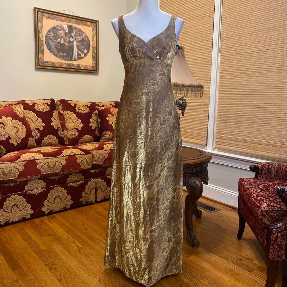 Vintage 90s prom/ formal shiny metallic maxi dress with animal/ snake print